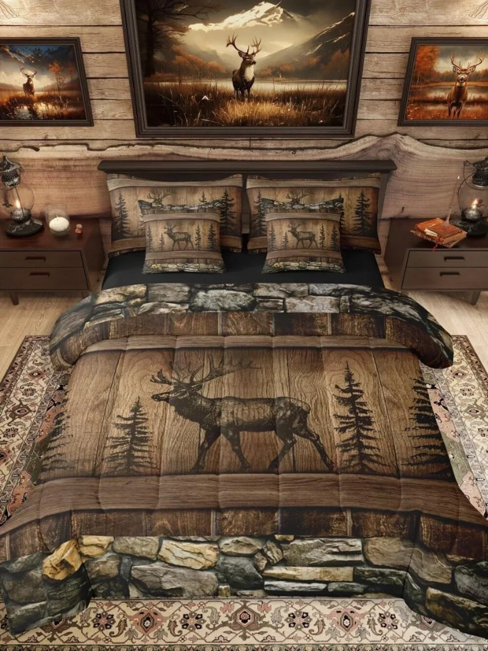 Deer Moose Bed in A Bag 7 Piece Twin Rustic Cabin Lodge Comforter Set for Kids A